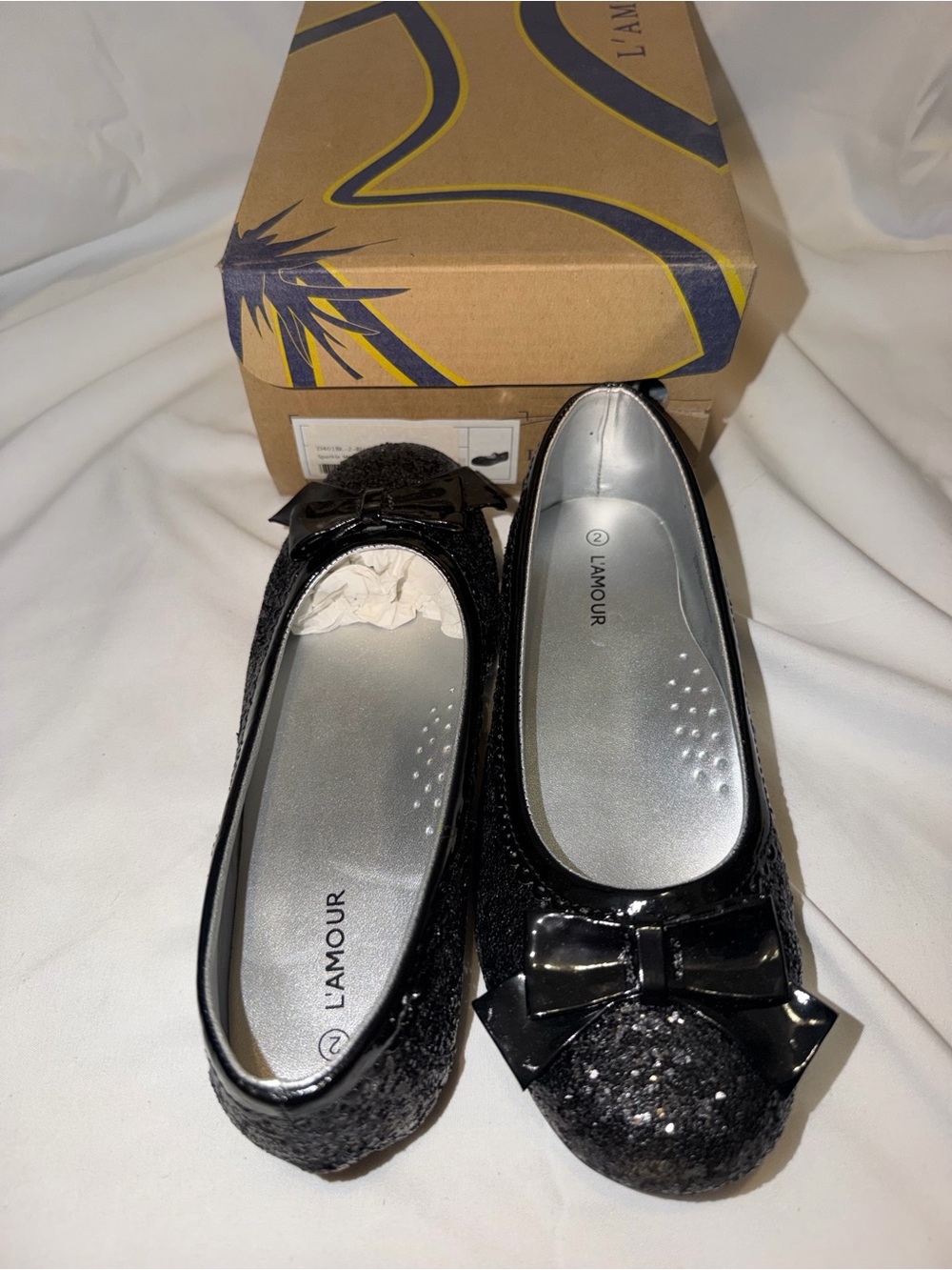 NWT L'Amour Black Sparkle Bow Mary Jane Flats - Girls Size 2 Dress Shoes